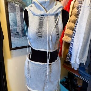 Hooded Gray Knit Crop Top with Hood and Skirt